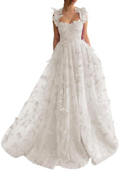 Long Tulle Prom Dress with 3D Butterflies Floor Length Formal Evening Party Gowns