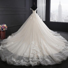 Custom Made A Line Long Tulle Lace Ivory Wedding Dresses with Train