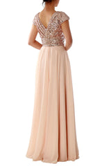 Short Sleeves V Neck Sequin Chiffon Bridesmaid Dress