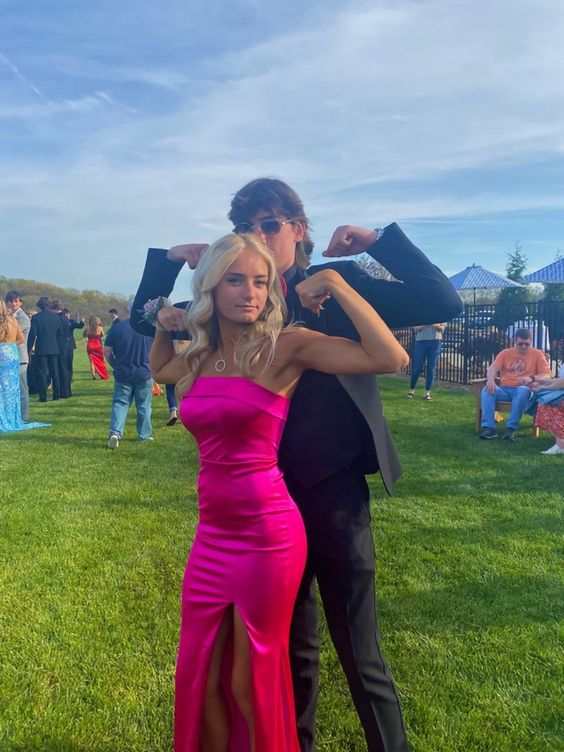 Strapless Sheath Pink Long Prom Dresses Satin Party Dresses 2448