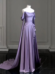 Elegant A Line Purple Satin Long Prom Dresses Formal Party Gown 2437