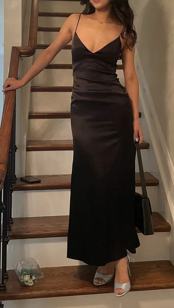 Spaghetti Straps Sheath V Neck Black Long Prom Dress Satin Party Dress 2466