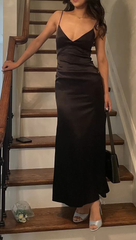 Spaghetti Straps Sheath V Neck Black Long Prom Dress Satin Party Dress 2466