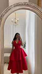 Red A Line Long Prom Dresses V Neck Satin Evening Party Dress 2442
