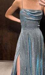 Spaghetti Straps A Line Shiny Prom Dress Formal Evening Dress With Slit 2465