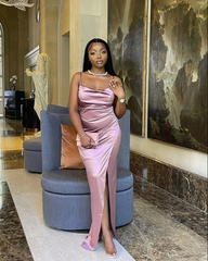 Spaghetti Straps Pink Sheath Prom Dress Satin Evening Dress With Slit 2446