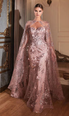 Strapless Long Pageant Dress with Cape J834
