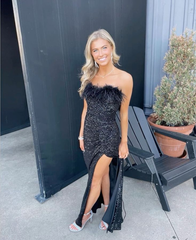 Classic Black Strapless Sequin Slit Evening Dress Prom Dress SH1165