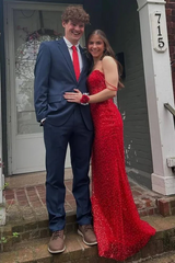 Off Shoulder Glitter Mermaid Long Prom Dress Red Sequins Graduation Dresses