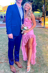 Luxury Strapless Lace Ruffles High Slit Prom Dress Formal Graduation Dresses