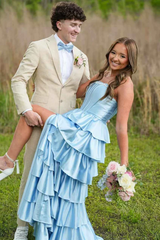 Beautiful A-Line Strapless Satin Long Prom Dress Layered Evening Gown Luxury Elegant