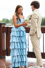 Beautiful A-Line Strapless Satin Long Prom Dress Layered Evening Gown Luxury Elegant