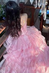 Princess Pink Strapless Layered Long Birthday Dress Corset Back Prom Dresses