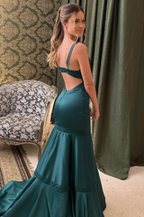 Green Straps Mermaid Prom Dress Leg Split Satin Long Formal Evening Dresses