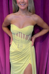 Yellow Strapless High Slit Long Prom Dresses Fitted Formal Occasion Dress