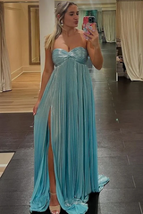 Metallic Strapless Pleated A-Line Long Prom Dresses High Slit Wed Party Dress