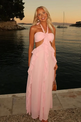 Pretty Halter Ruffle Chiffon Long Prom Dress Wedding Guest Outfit
