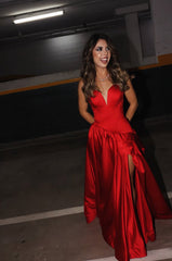 Classy Red Satin Long Prom Dress Leg Split Evening Dresses for Weddings