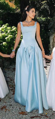 Fancy Blue Satin Formal Dresses Long Backless Grad Dress