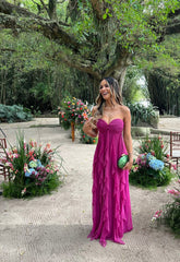 Strapless Fuchsia Long Prom Dress Casual Chiffon Wedding Guest Dresses