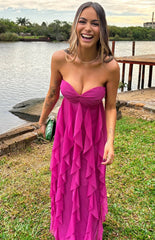 Strapless Fuchsia Long Prom Dress Casual Chiffon Wedding Guest Dresses