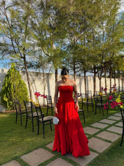 Strapless A Line Red Long Prom Dress Fancy Woman Party Dresses