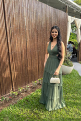V Neck Green A Line Long Prom Dress Tulle Wed Party Dress