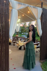 V Neck Green A Line Long Prom Dress Tulle Wed Party Dress