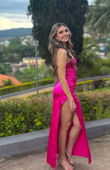 High Slit Satin Long Prom Dress Backless Formal Evening Gown