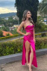 High Slit Satin Long Prom Dress Backless Formal Evening Gown