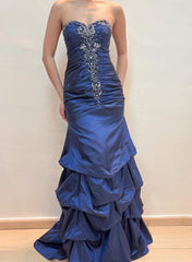 Vintage Satin Beaded Prom Dress Navy Blue Mermaid Formal Evening Party Dresses