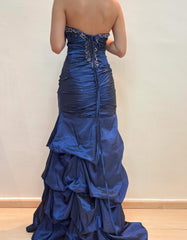 Vintage Satin Beaded Prom Dress Navy Blue Mermaid Formal Evening Party Dresses