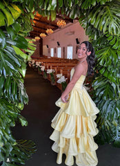 Strapless A Line Yellow Layered Long Prom Dress Formal Graduation Dresses