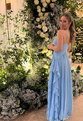 Classy A Line Blue Chiffon Prom Dresses Pleated Wed Dress Formal Gown