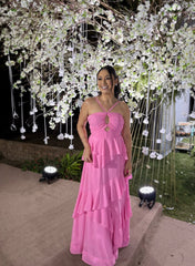 A Line Pink Prom Dress Ruffle Formal Wedding Guest Dresses