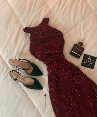 Burgundy Sequin Prom Dress Formal Evening Outfits for Women Classy