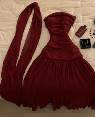 Strapless Burgundy Prom Dress Chiffon Formal Party Dresses