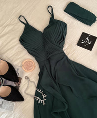 Dark Green Chiffon A Line Wedding Guest Dress Pleated Ruffle Party Dresses