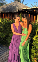 Purple Backless Wedding Guest Dress Deep V Neck Chiffon Formal Party Dresses