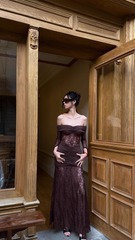 Off The Shoulder Coffee Lace Prom Dress Fitted Long Sleeve Formal Gown