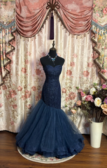 Navy Blue Lace Prom Dress Mermaid Evening Gown Elegant