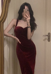 Sexy Sheath Wine Red Velvet Prom Dresses Date Night Dresses