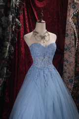 Sweetheart A Line Blue Tulle Prom Dress Applique Formal Party Dresses