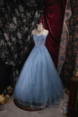 Sweetheart A Line Blue Tulle Prom Dress Applique Formal Party Dresses