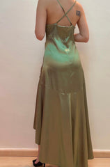 Spaghetti Strap Green Satin Evening Gown High Low Ruffled Party Dress