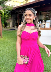 Hot Pink Chiffon Prom Dress A Line Wedding Guest Dress with Scarf