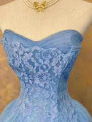 Sweetheart Blue Tulle Lace Sweetheart Layered Blue Long Prom Dress
