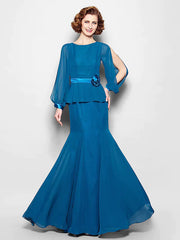 Mother of the Bride Dress Vintage Inspired Jewel Neck Floor Length Chiffon Long Sleeve with Sash Ribbon Flower