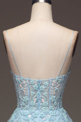 A Line Light Blue Sequin Spaghetti Straps Prom Dress With Appliques