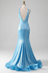 Glitter Blue V-neck Mermaid Prom Dress